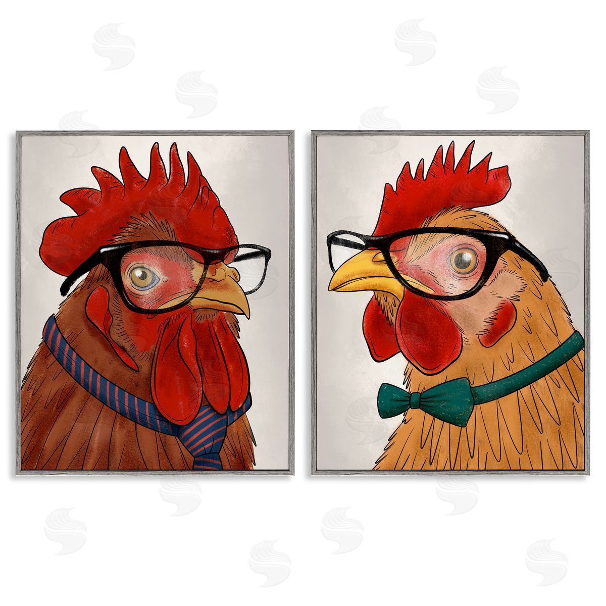 Quirky Hipster Roosters Grey Frame Print Wall Art, Home Decor by Marcus Prime