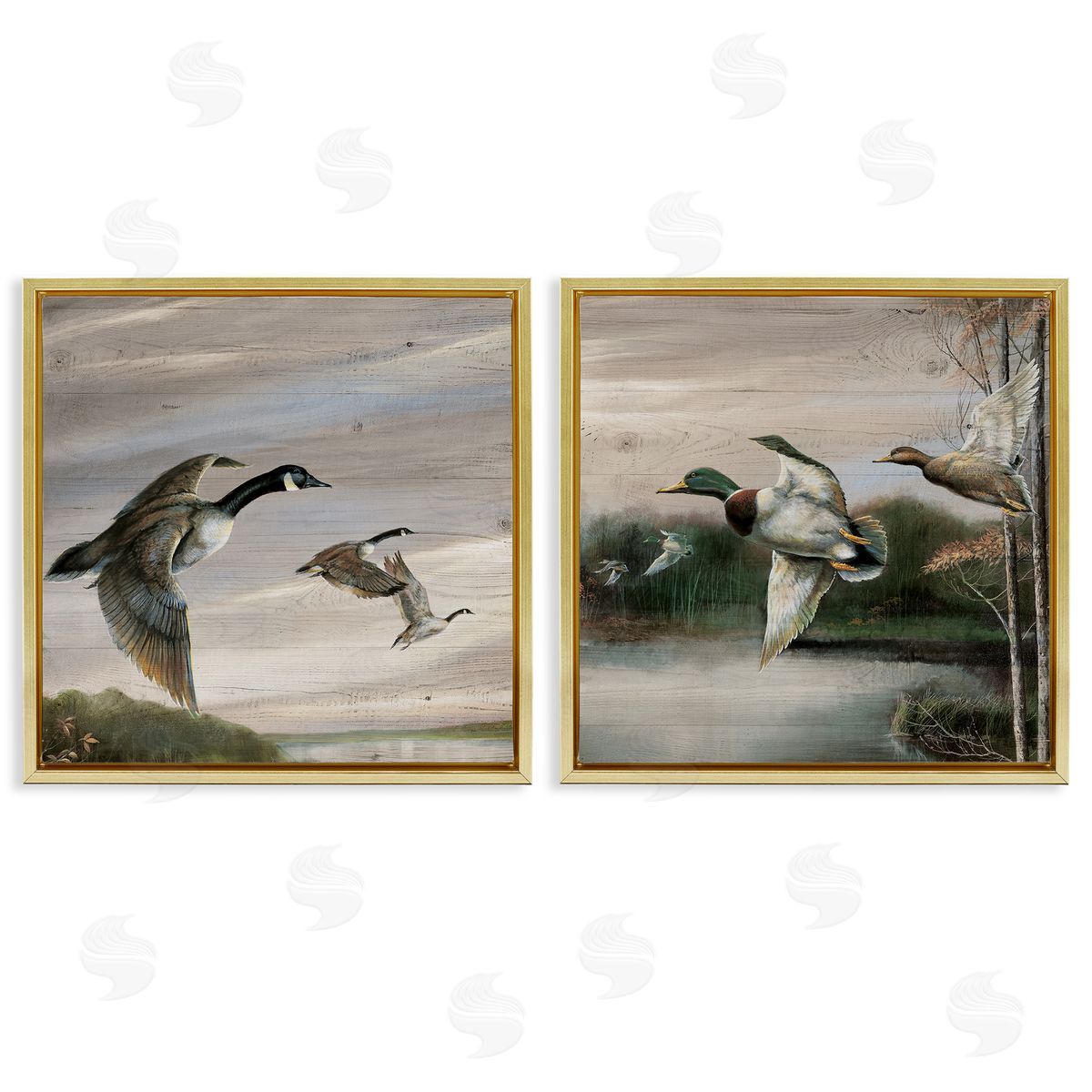 Geese & Ducks in Nature Gold Floating Frame Canvas Wall Art, Home Decor by Ruane Manning