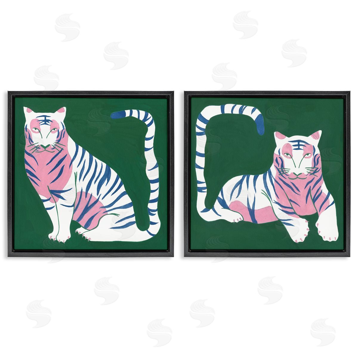Fierce Lounging Tigers Black Floating Frame Canvas Wall Art, Home Decor by Melissa Wang