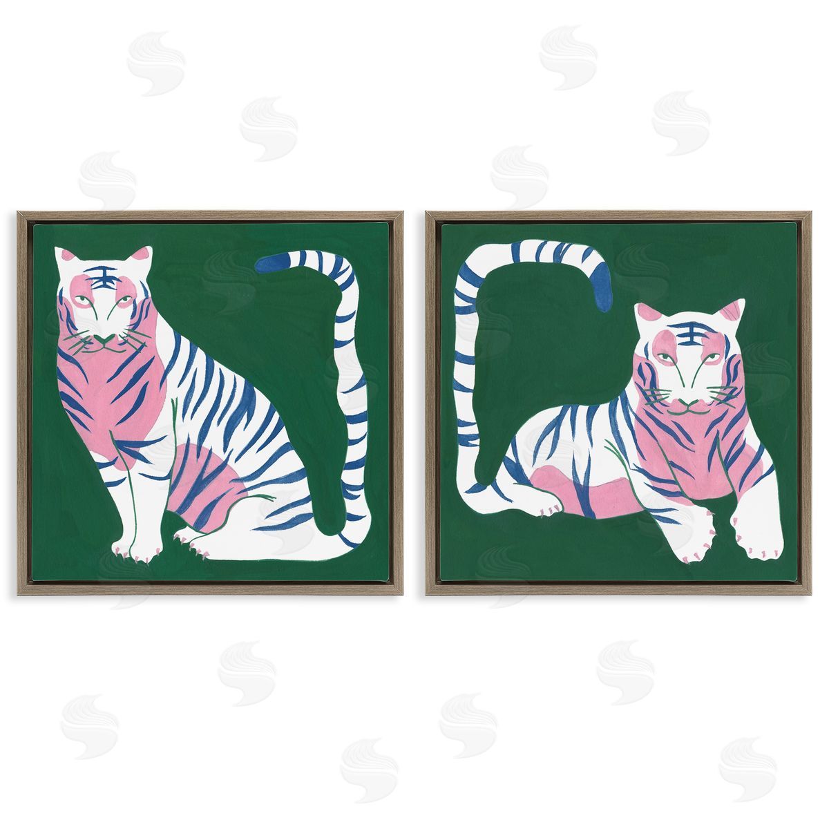 Fierce Lounging Tigers Brown Floating Frame Canvas Wall Art, Home Decor by Melissa Wang