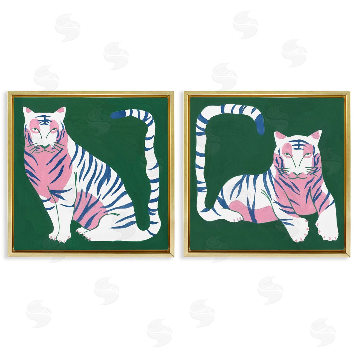 Fierce Lounging Tigers Gold Floating Frame Canvas Wall Art, Home Decor by Melissa Wang