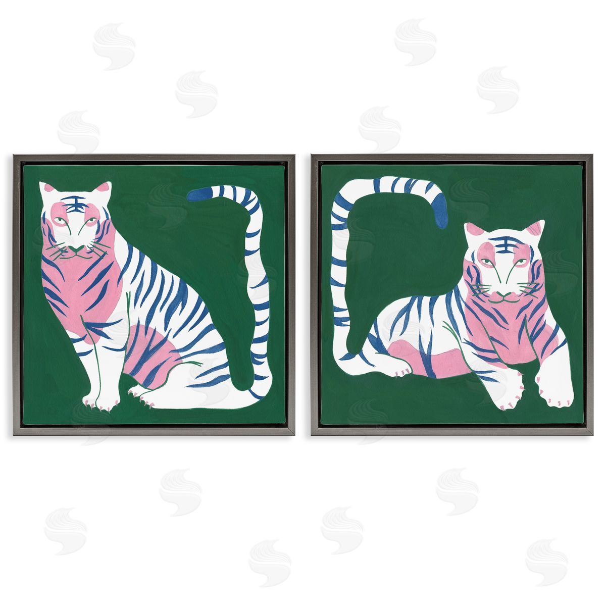 Fierce Lounging Tigers Grey Floating Frame Canvas Wall Art, Home Decor by Melissa Wang