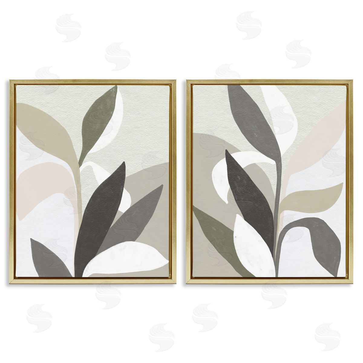 Neutral Leaf Shapes Gold Floating Frame Canvas Wall Art, Home Decor by June Erica Vess