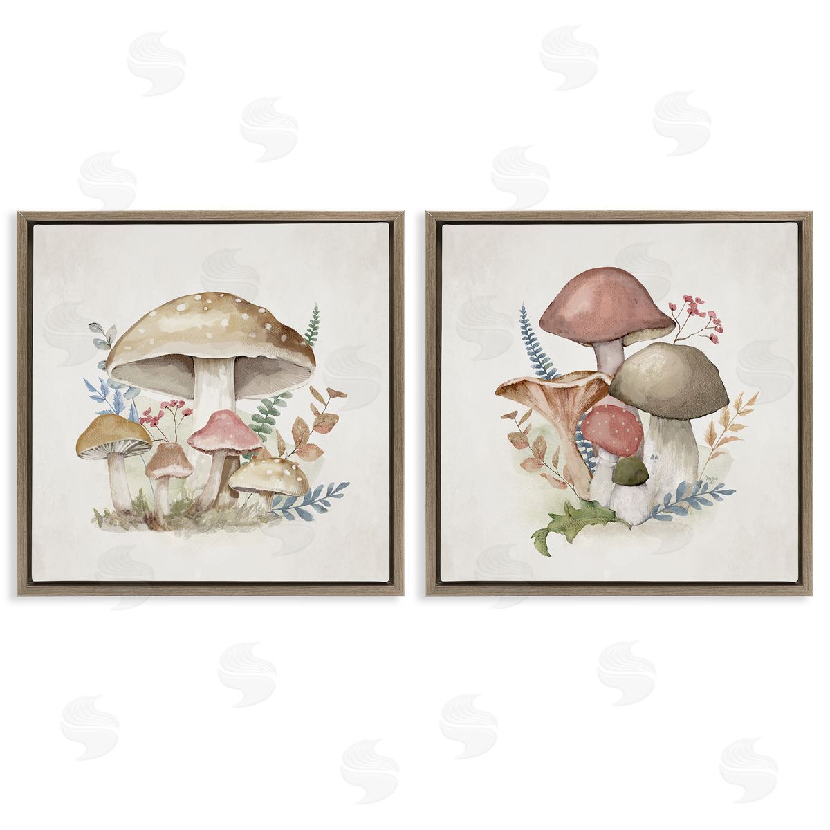 Pastel Blooming Mushrooms Brown Floating Frame Canvas Wall Art, Home Decor by Mollie B.