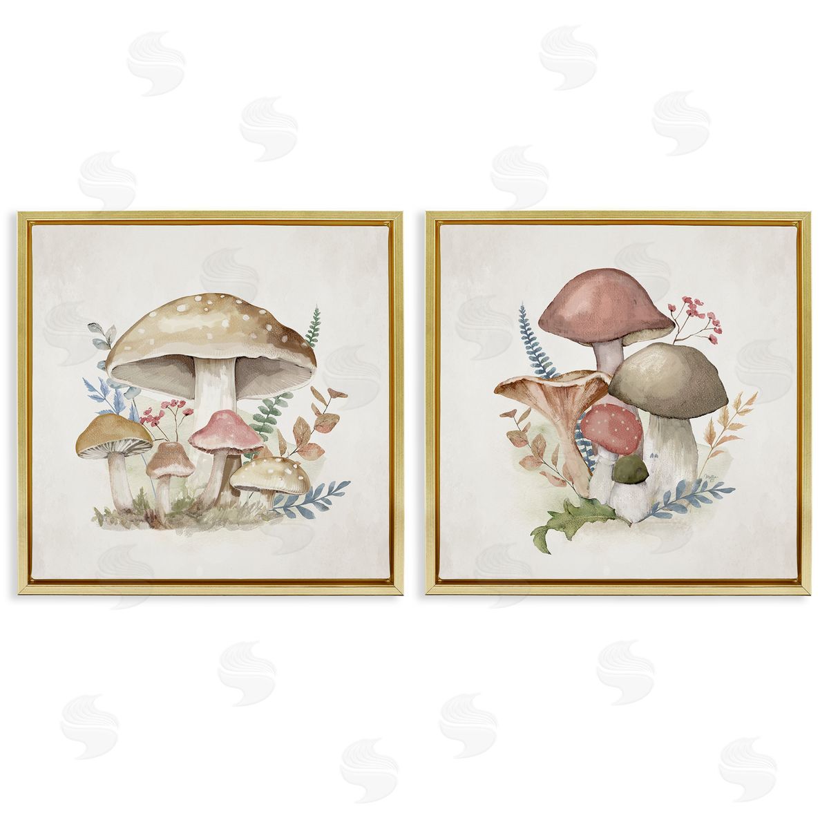 Pastel Blooming Mushrooms Gold Floating Frame Canvas Wall Art, Home Decor by Mollie B.