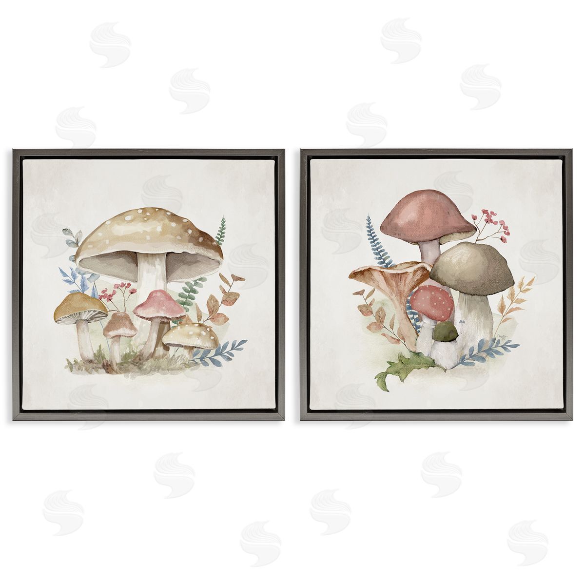 Pastel Blooming Mushrooms Grey Floating Frame Canvas Wall Art, Home Decor by Mollie B.