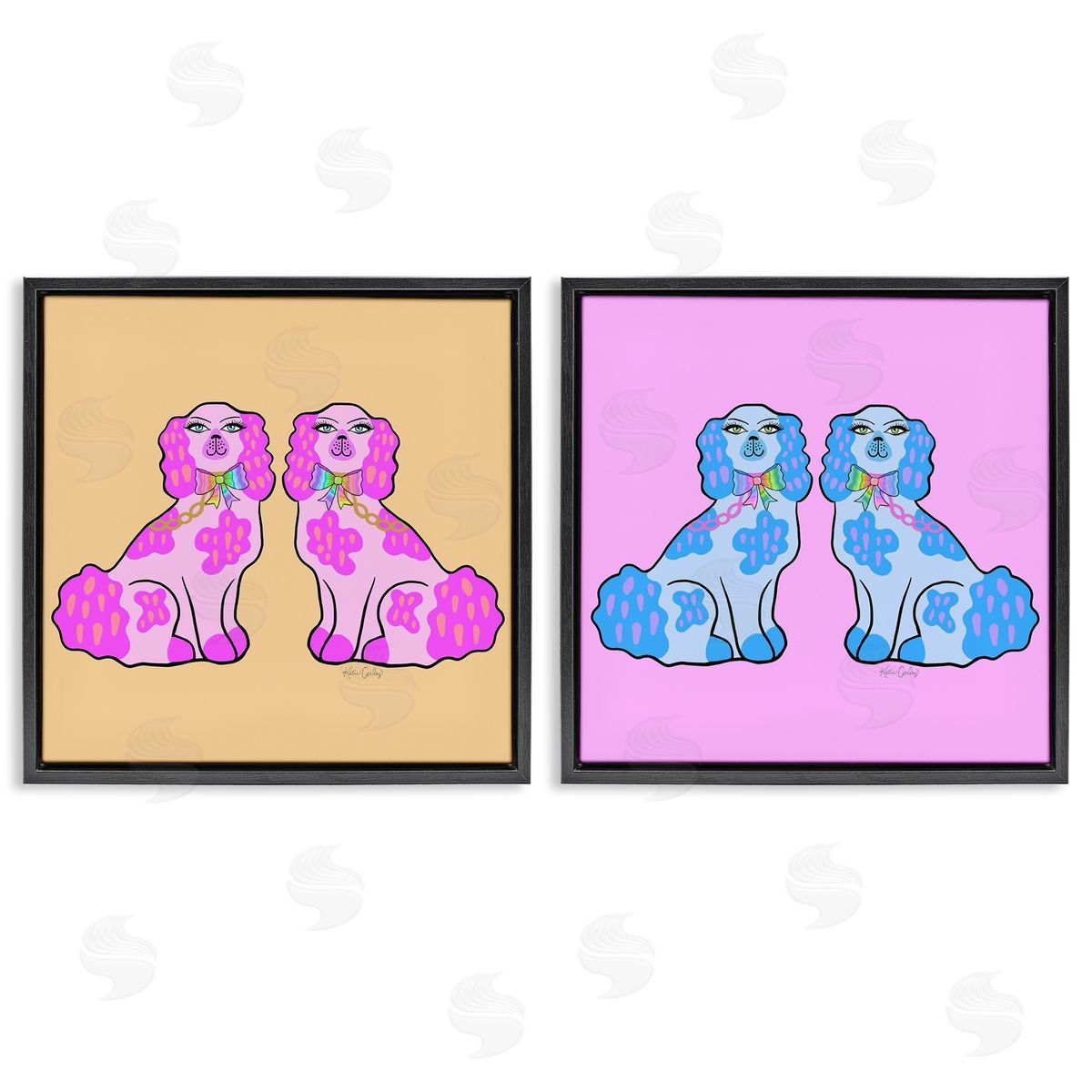 Brightly Colored Posh Pooches Black Floating Frame Canvas Wall Art, Home Decor by Katie Conley