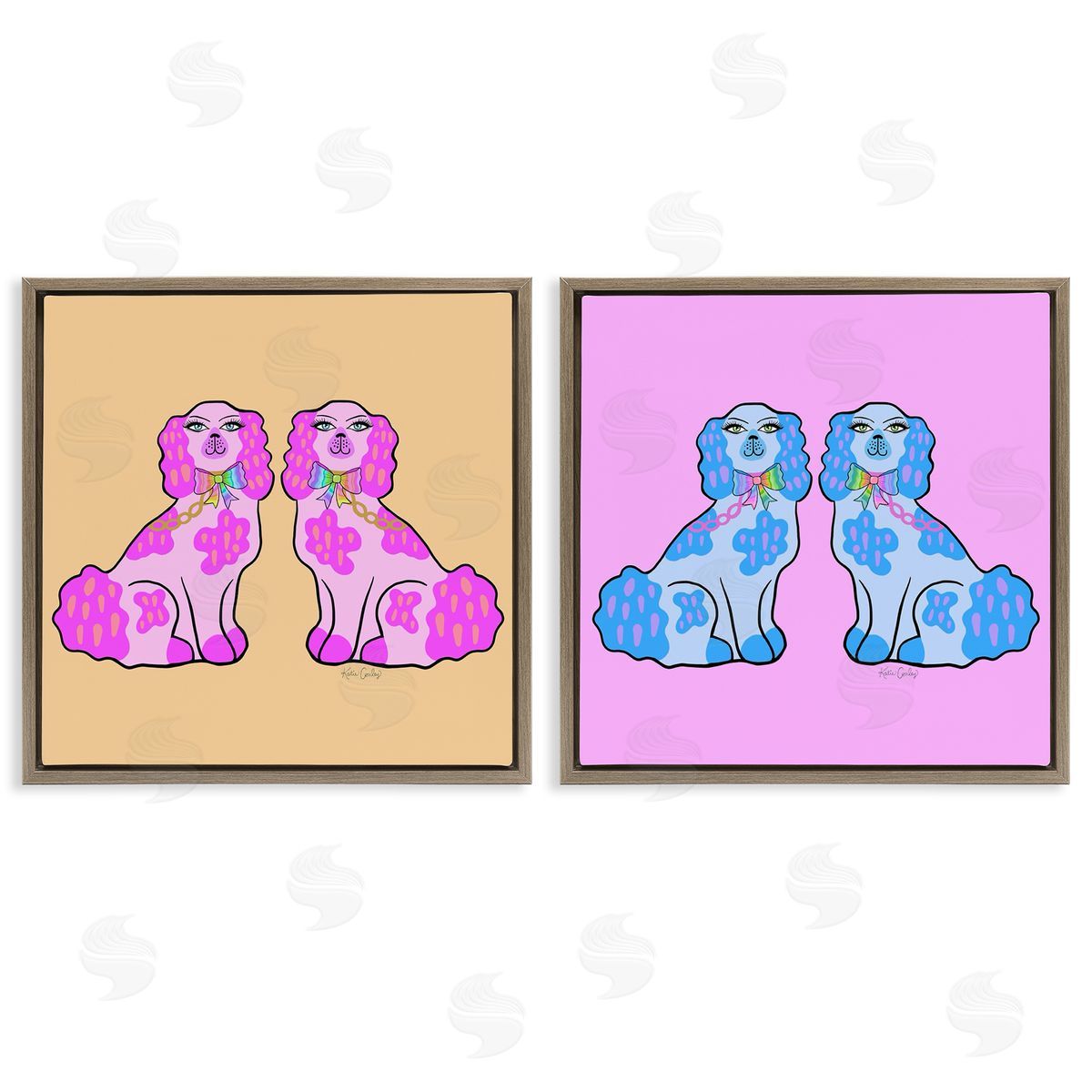 Brightly Colored Posh Pooches Brown Floating Frame Canvas Wall Art, Home Decor by Katie Conley