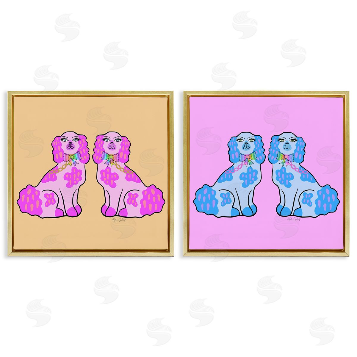 Brightly Colored Posh Pooches Gold Floating Frame Canvas Wall Art, Home Decor by Katie Conley
