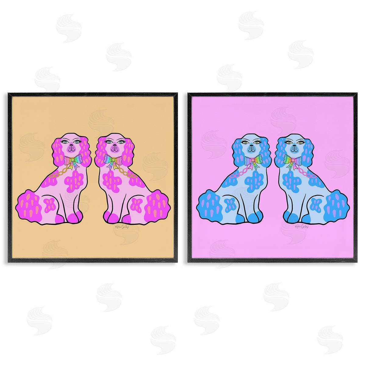 Brightly Colored Posh Pooches Black Frame Print Wall Art, Home Decor by Katie Conley