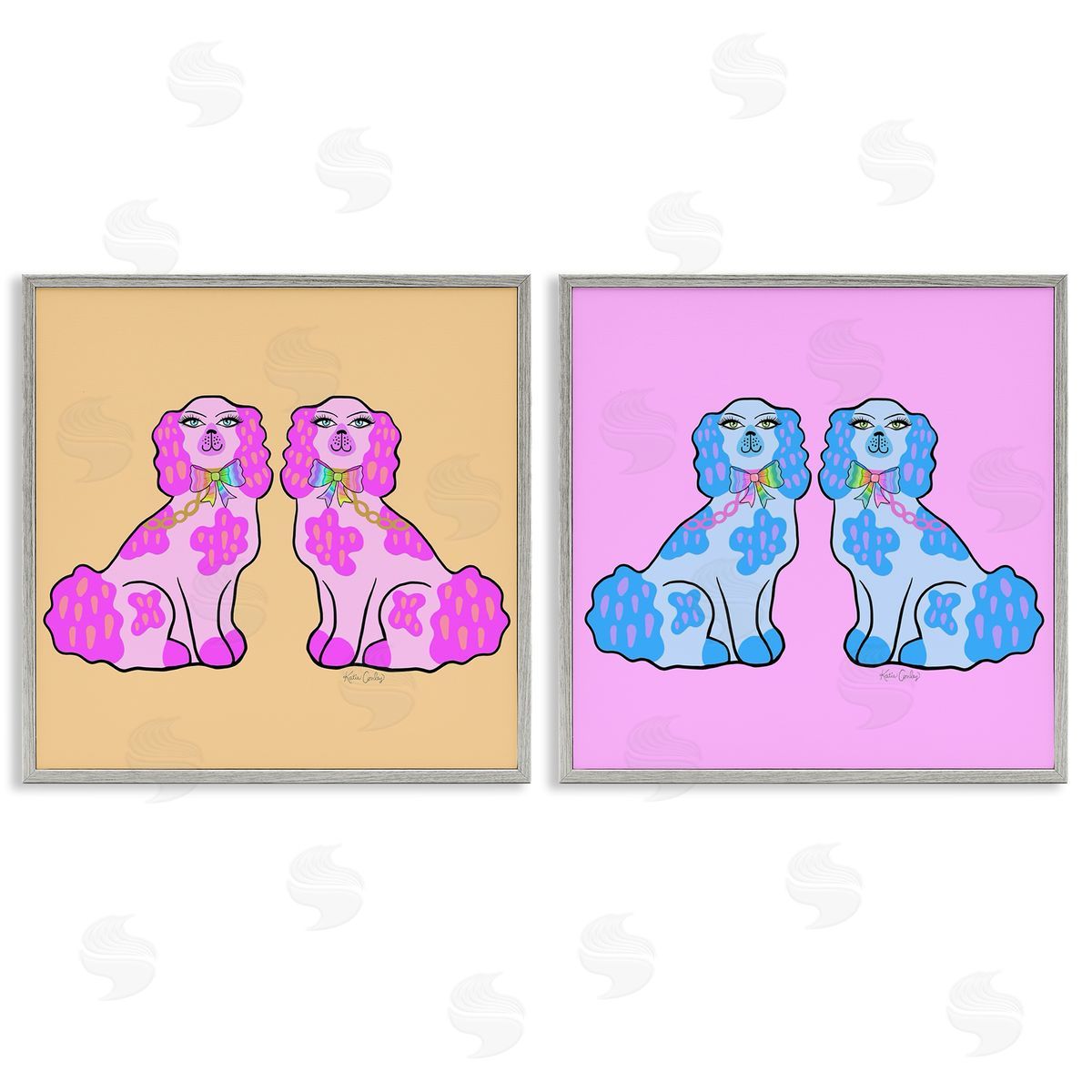 Brightly Colored Posh Pooches Grey Frame Print Wall Art, Home Decor by Katie Conley