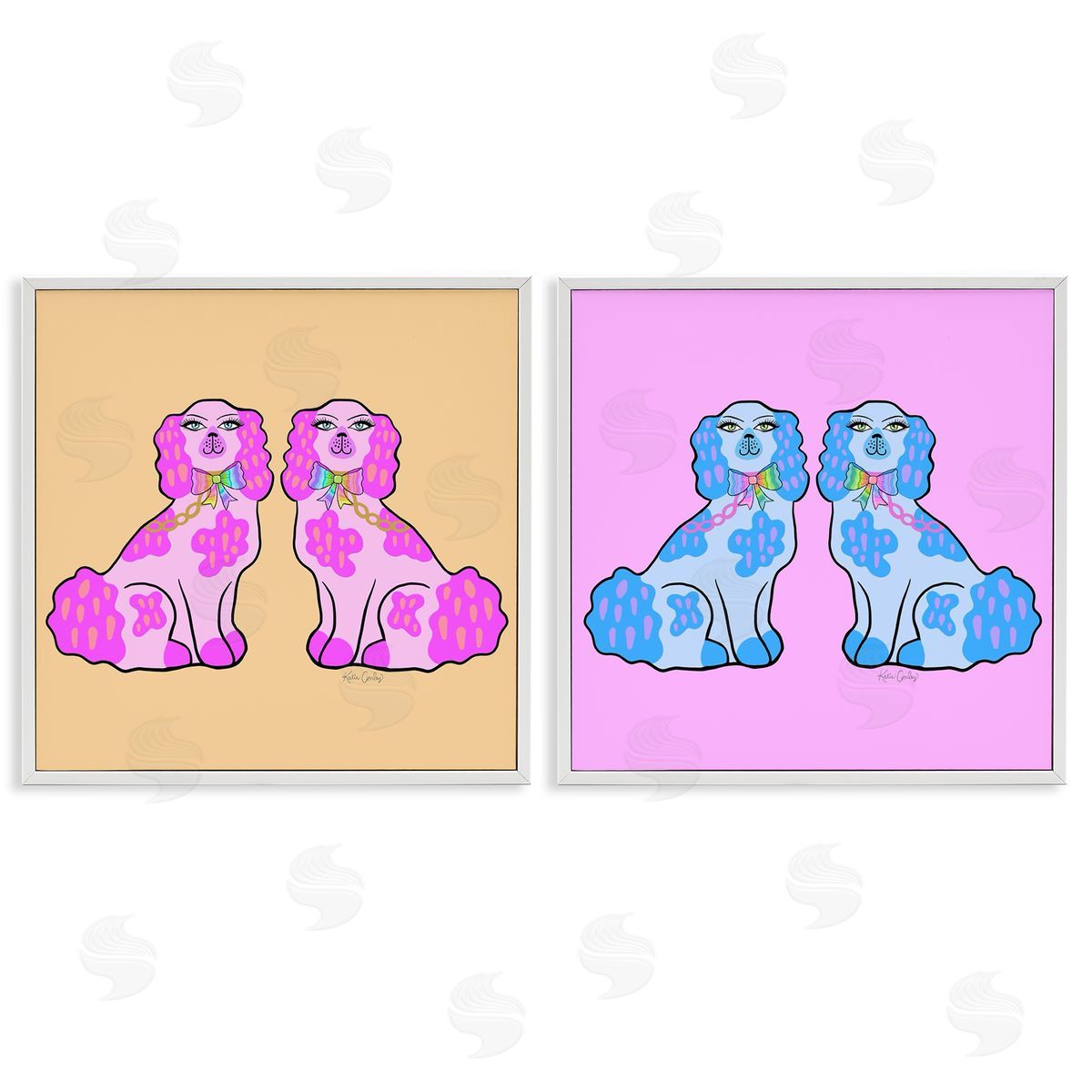 Brightly Colored Posh Pooches White Frame Print Wall Art, Home Decor by Katie Conley