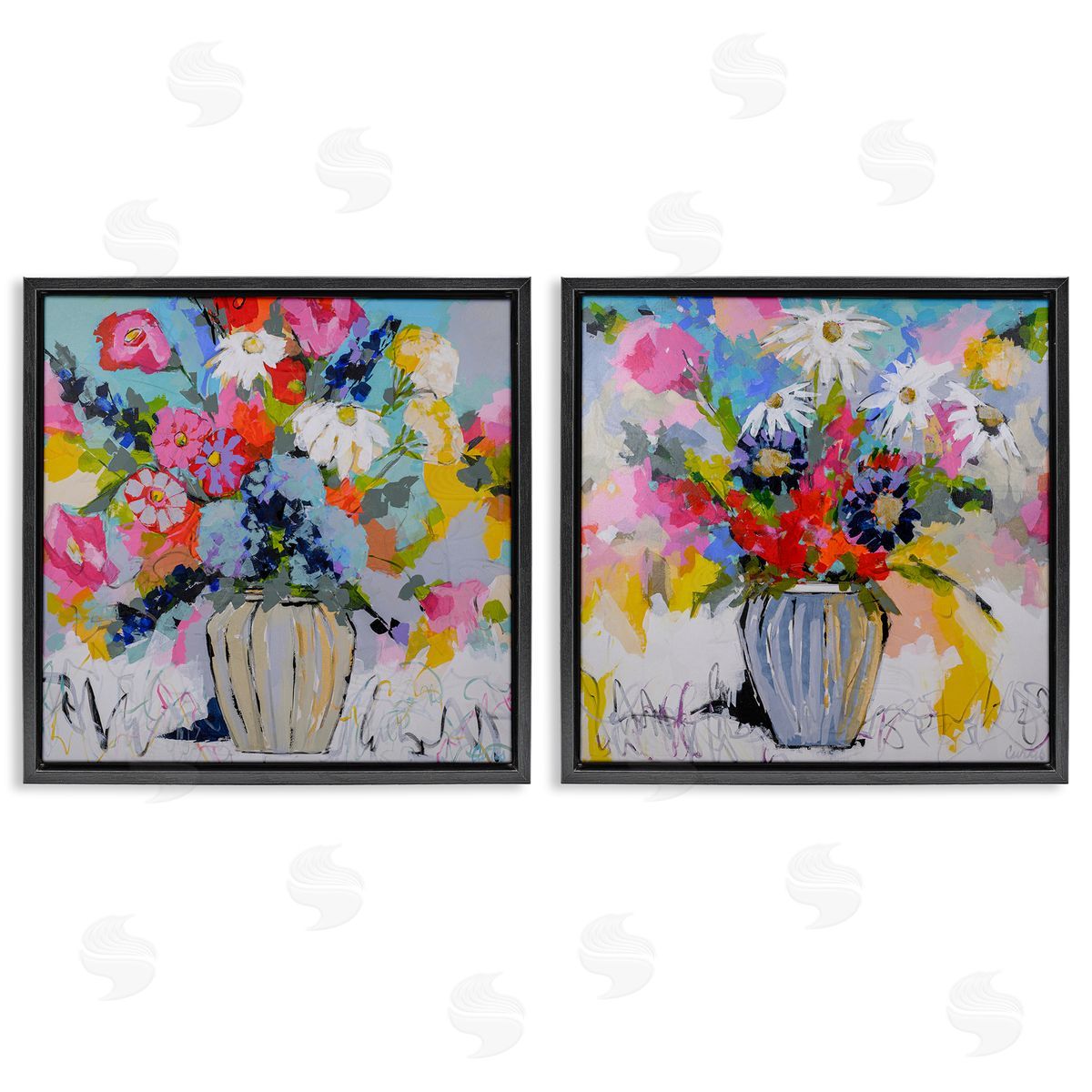 Vibrant Flower Vase Collection Black Floating Frame Canvas Wall Art, Home Decor by Joan Curtis