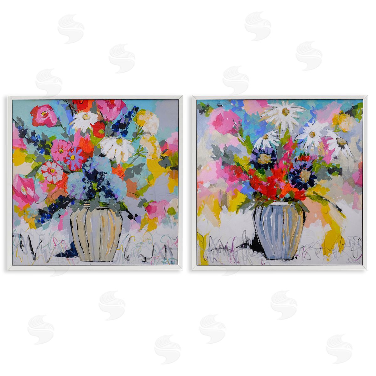 Vibrant Flower Vase Collection White Frame Print Wall Art, Home Decor by Joan Curtis