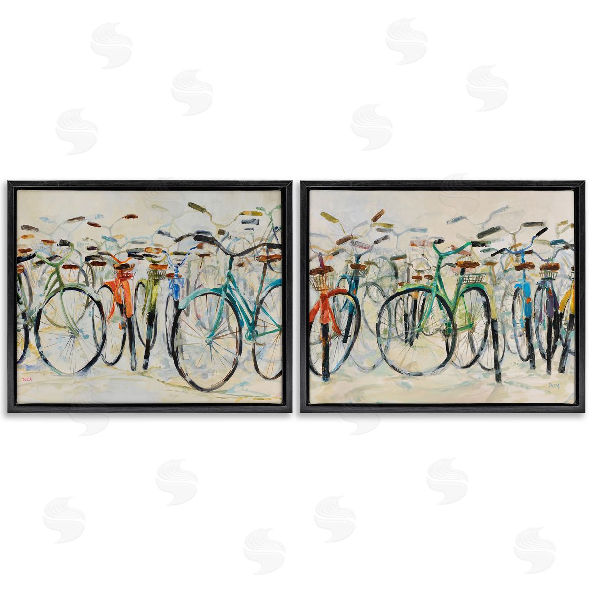 Dynamic Bicycles on Beige Black Floating Frame Canvas Wall Art, Home Decor by Dusza