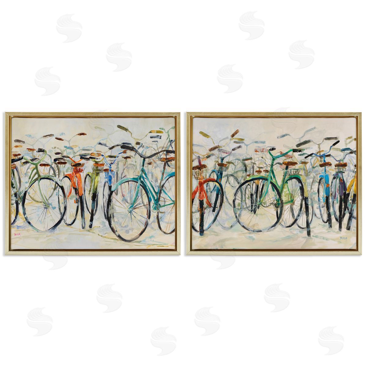 Dynamic Bicycles on Beige Gold Floating Frame Canvas Wall Art, Home Decor by Dusza
