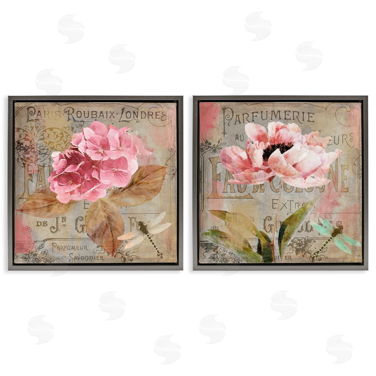 Vintage Collage French Florals Grey Floating Frame Canvas Wall Art, Home Decor by Sasha