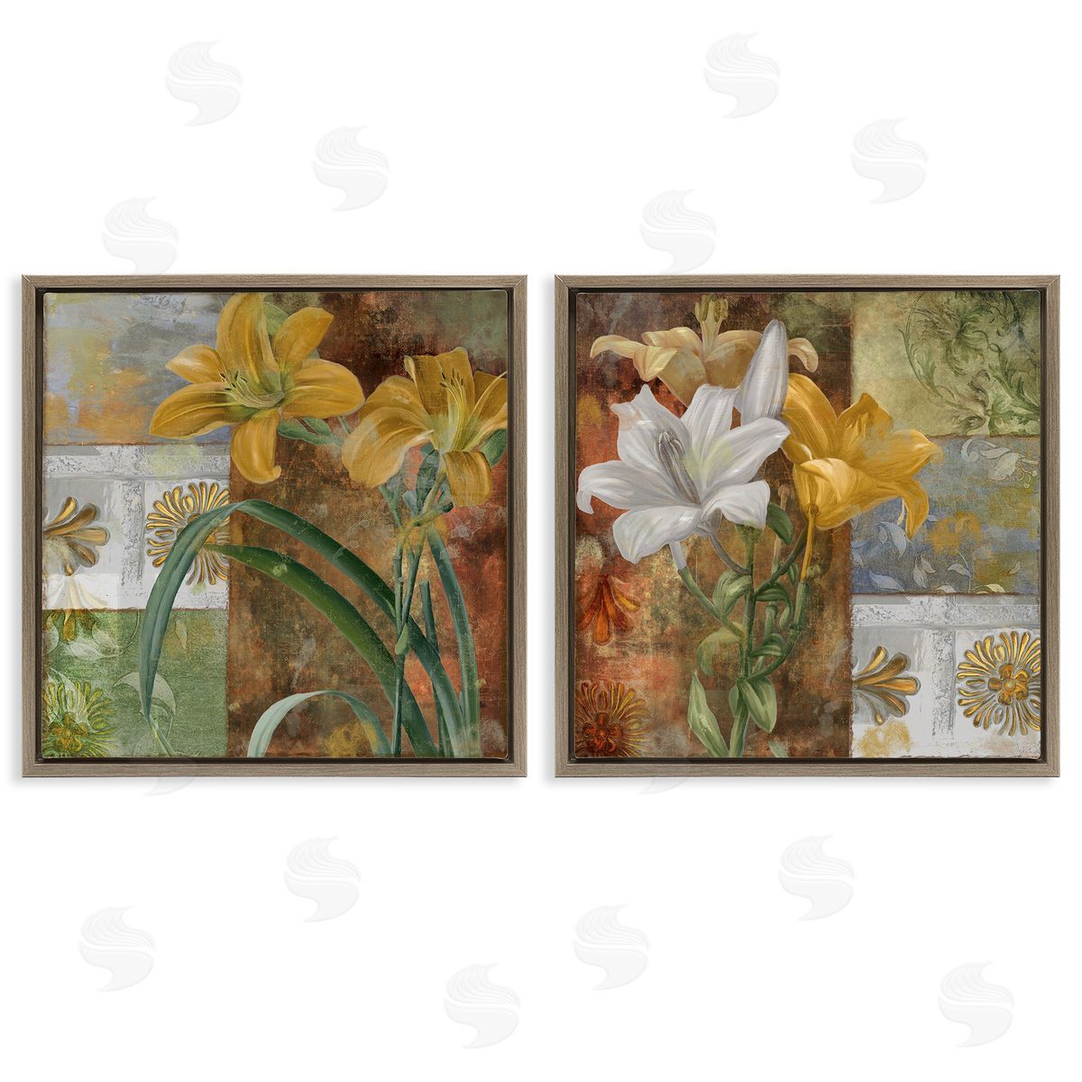 Lilies & Vintage Tile Patterns Brown Floating Frame Canvas Wall Art, Home Decor by Sasha