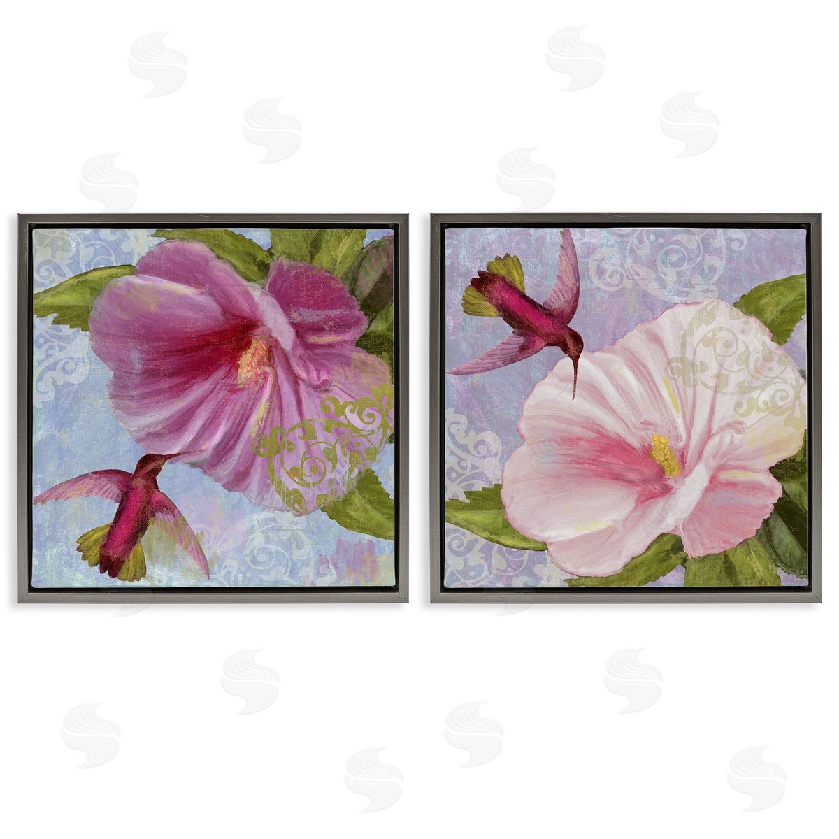 Hummingbirds & Poppy Bulbs Grey Floating Frame Canvas Wall Art, Home Decor by Sasha