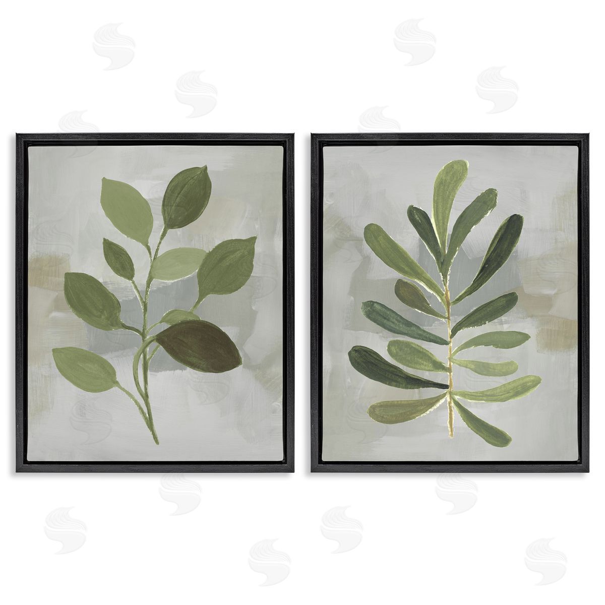Green Leaf Branches on Grey Black Floating Frame Canvas Wall Art, Home Decor by Lanie Loreth