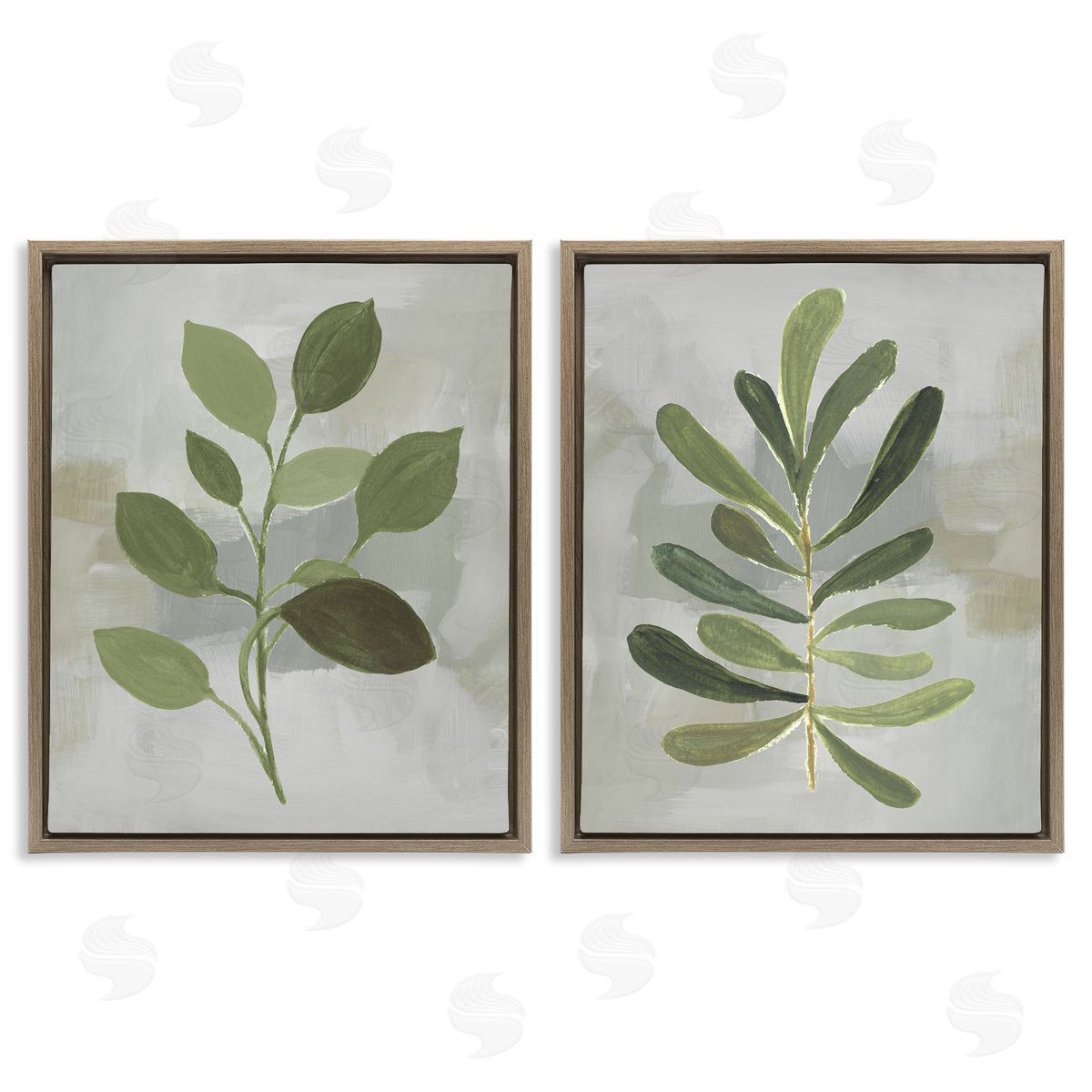 Green Leaf Branches on Grey Brown Floating Frame Canvas Wall Art, Home Decor by Lanie Loreth