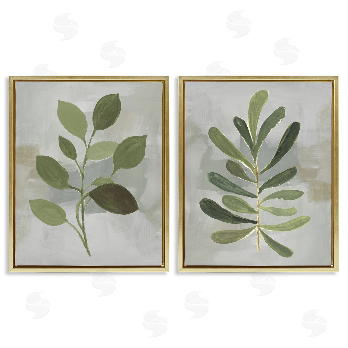 Green Leaf Branches on Grey Gold Floating Frame Canvas Wall Art, Home Decor by Lanie Loreth