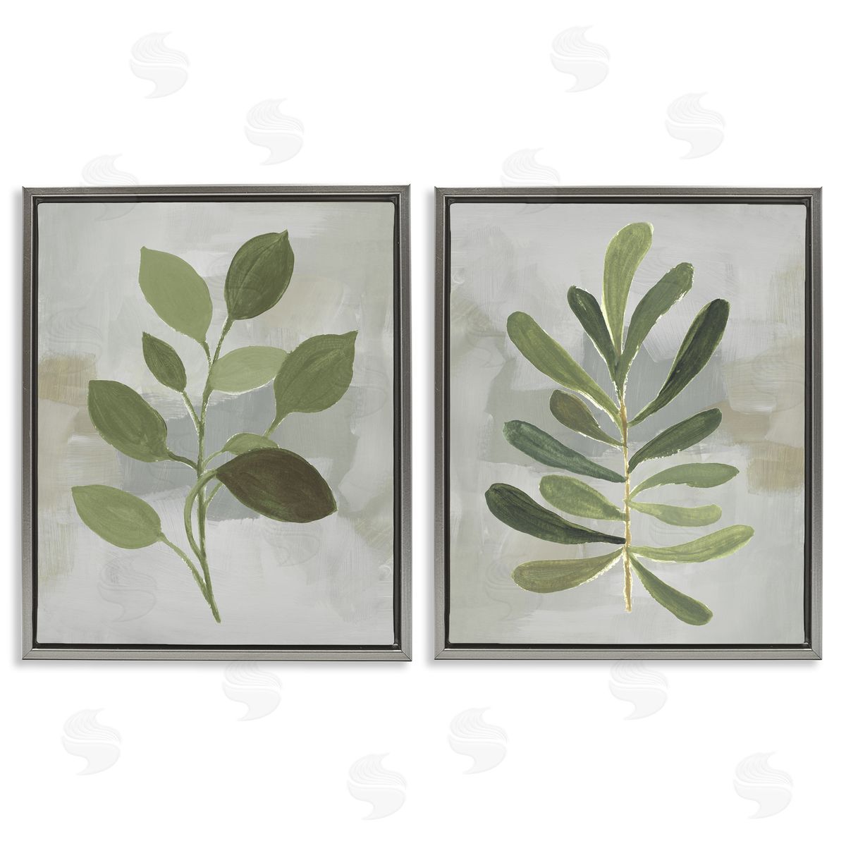 Green Leaf Branches on Grey Grey Floating Frame Canvas Wall Art, Home Decor by Lanie Loreth