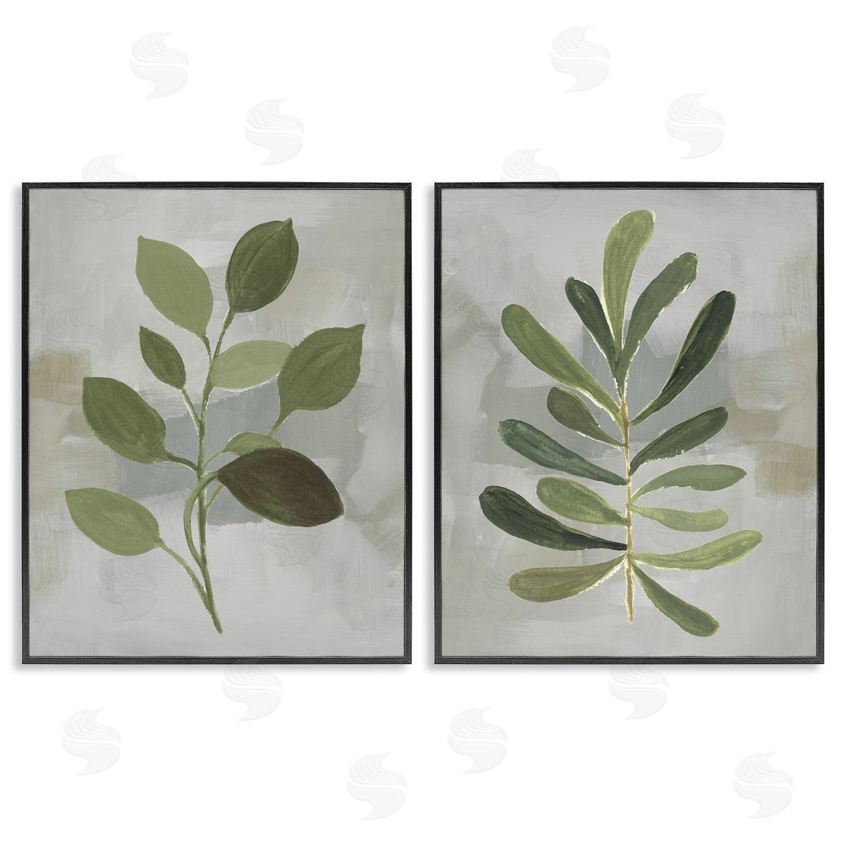Green Leaf Branches on Grey Black Frame Print Wall Art, Home Decor by Lanie Loreth