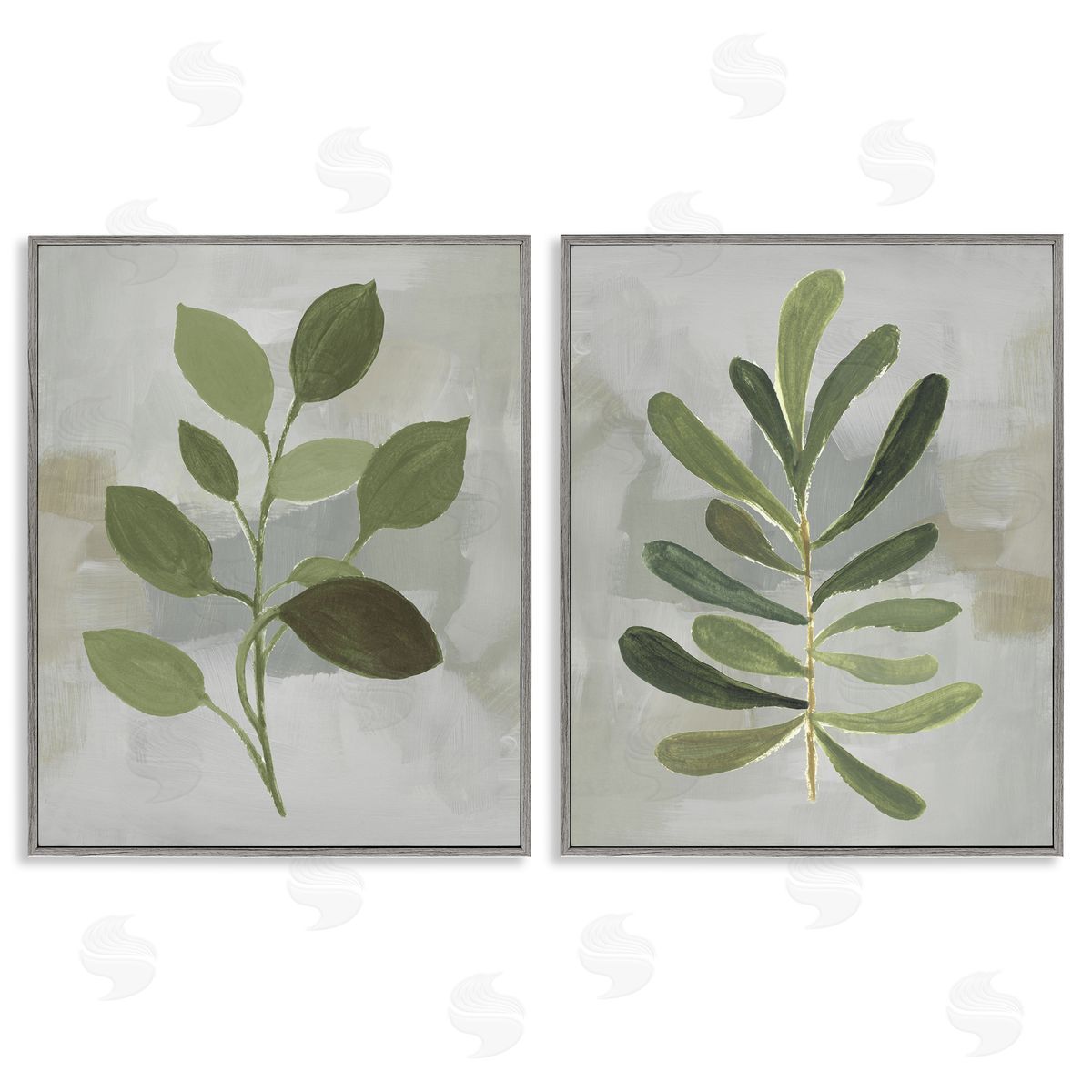 Green Leaf Branches on Grey Grey Frame Print Wall Art, Home Decor by Lanie Loreth