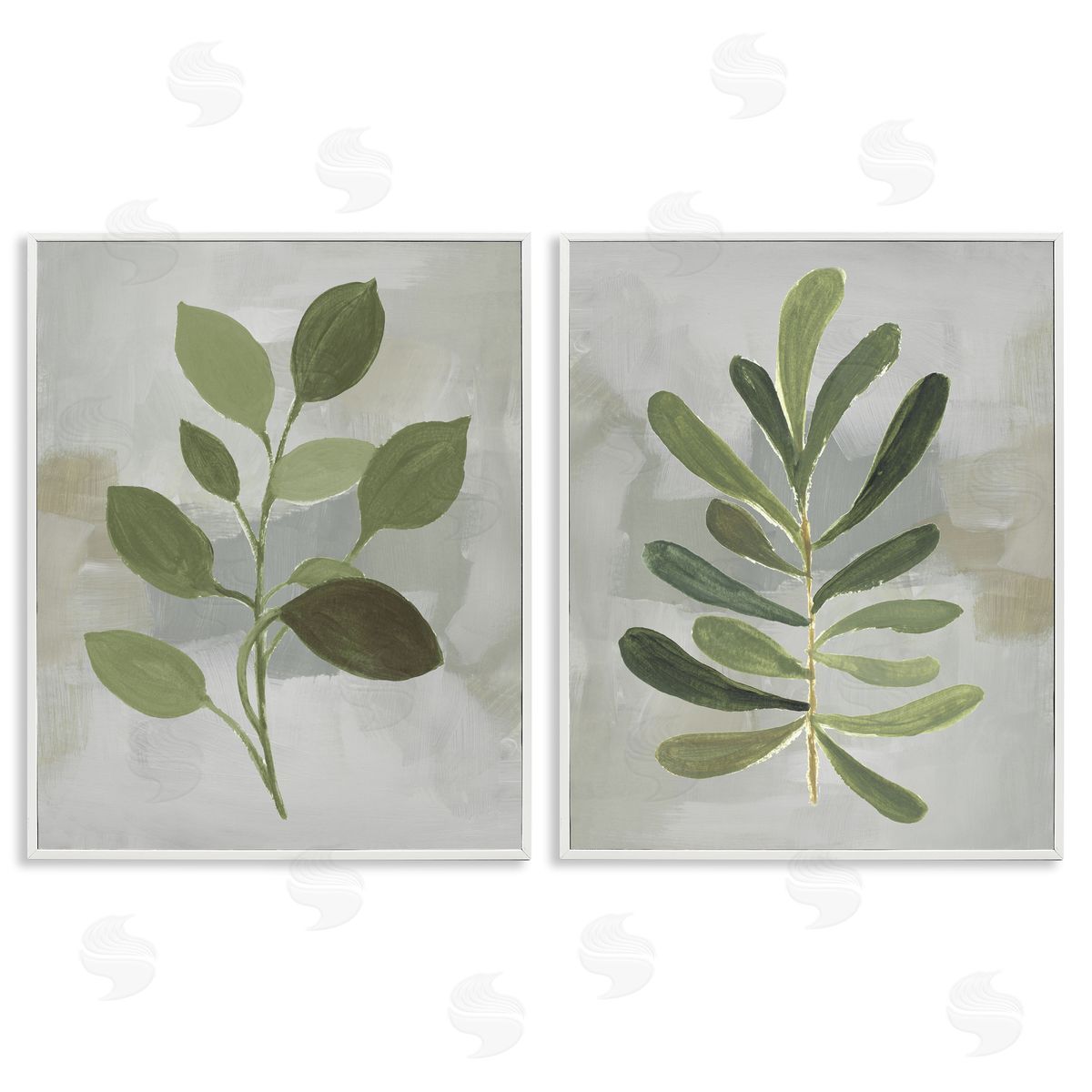 Green Leaf Branches on Grey White Frame Print Wall Art, Home Decor by Lanie Loreth
