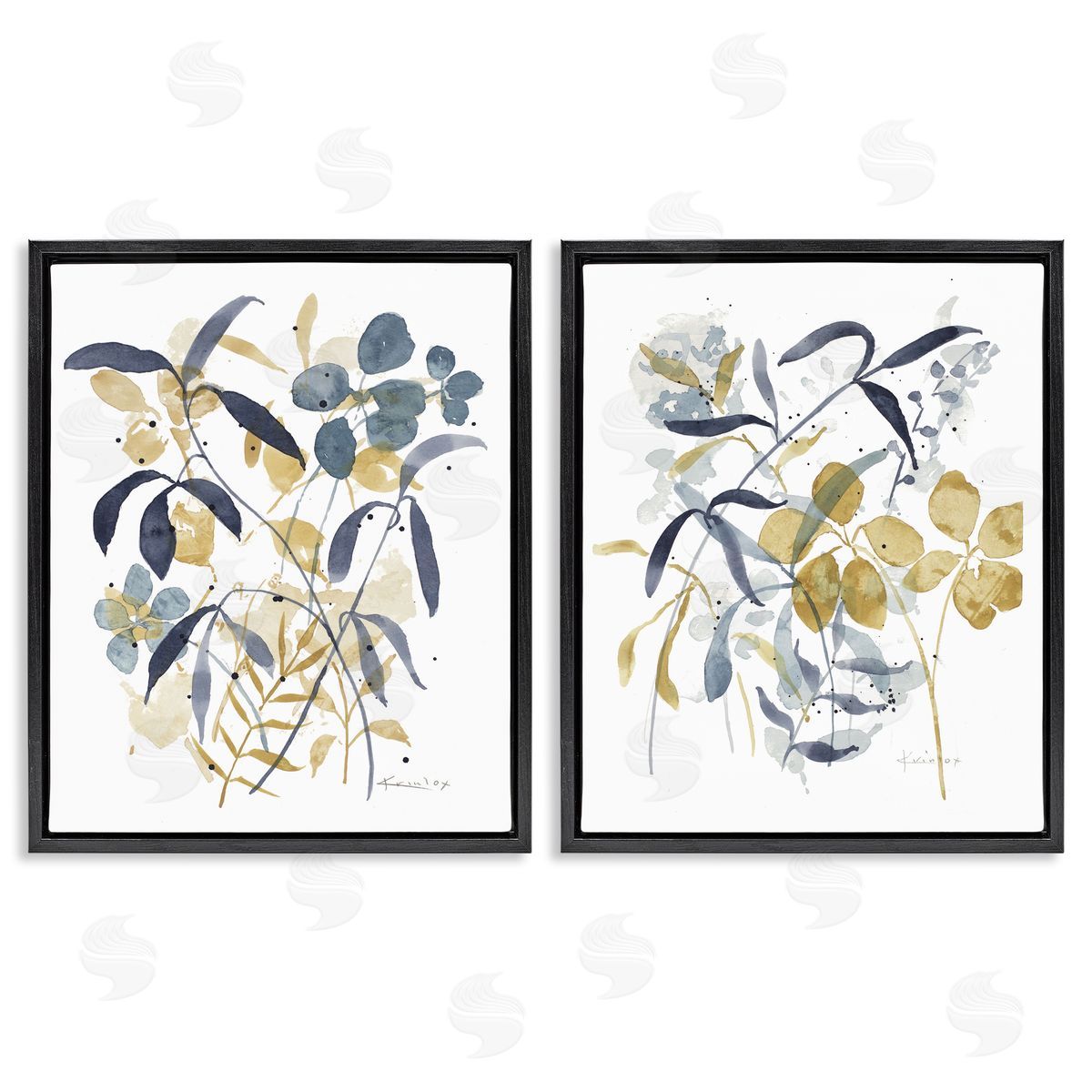 Whimsy Watercolor Botanicals Black Floating Frame Canvas Wall Art, Home Decor by Krinlox