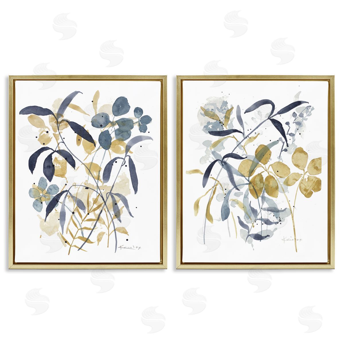 Whimsy Watercolor Botanicals Gold Floating Frame Canvas Wall Art, Home Decor by Krinlox