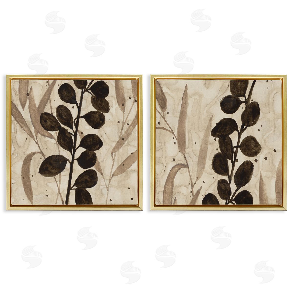 Natural Tone Sprouting Leaves Gold Floating Frame Canvas Wall Art, Home Decor by Krinlox