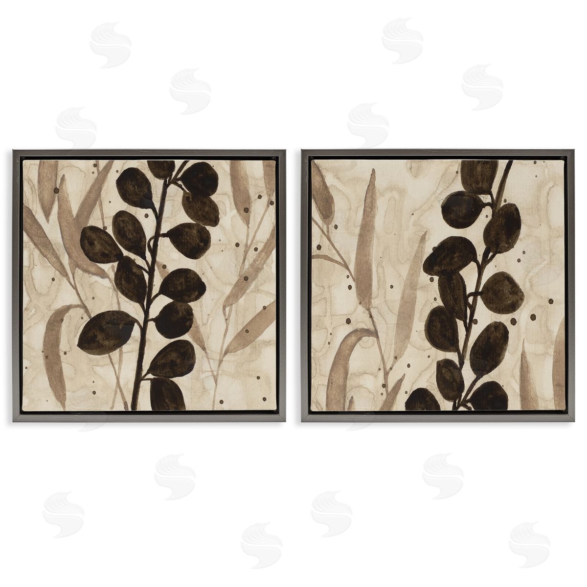 Natural Tone Sprouting Leaves Grey Floating Frame Canvas Wall Art, Home Decor by Krinlox