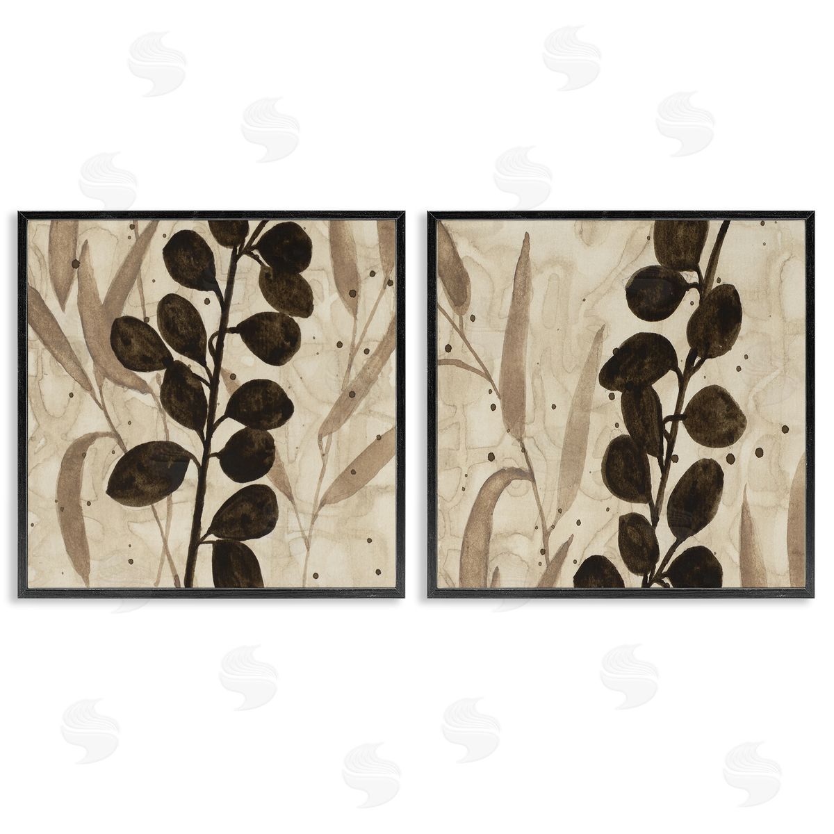 Natural Tone Sprouting Leaves Black Frame Print Wall Art, Home Decor by Krinlox