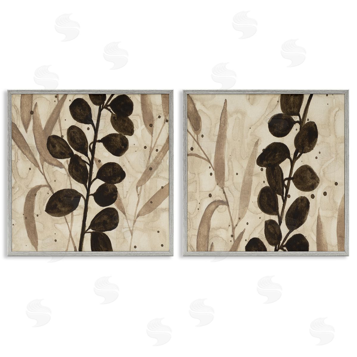 Natural Tone Sprouting Leaves Grey Frame Print Wall Art, Home Decor by Krinlox