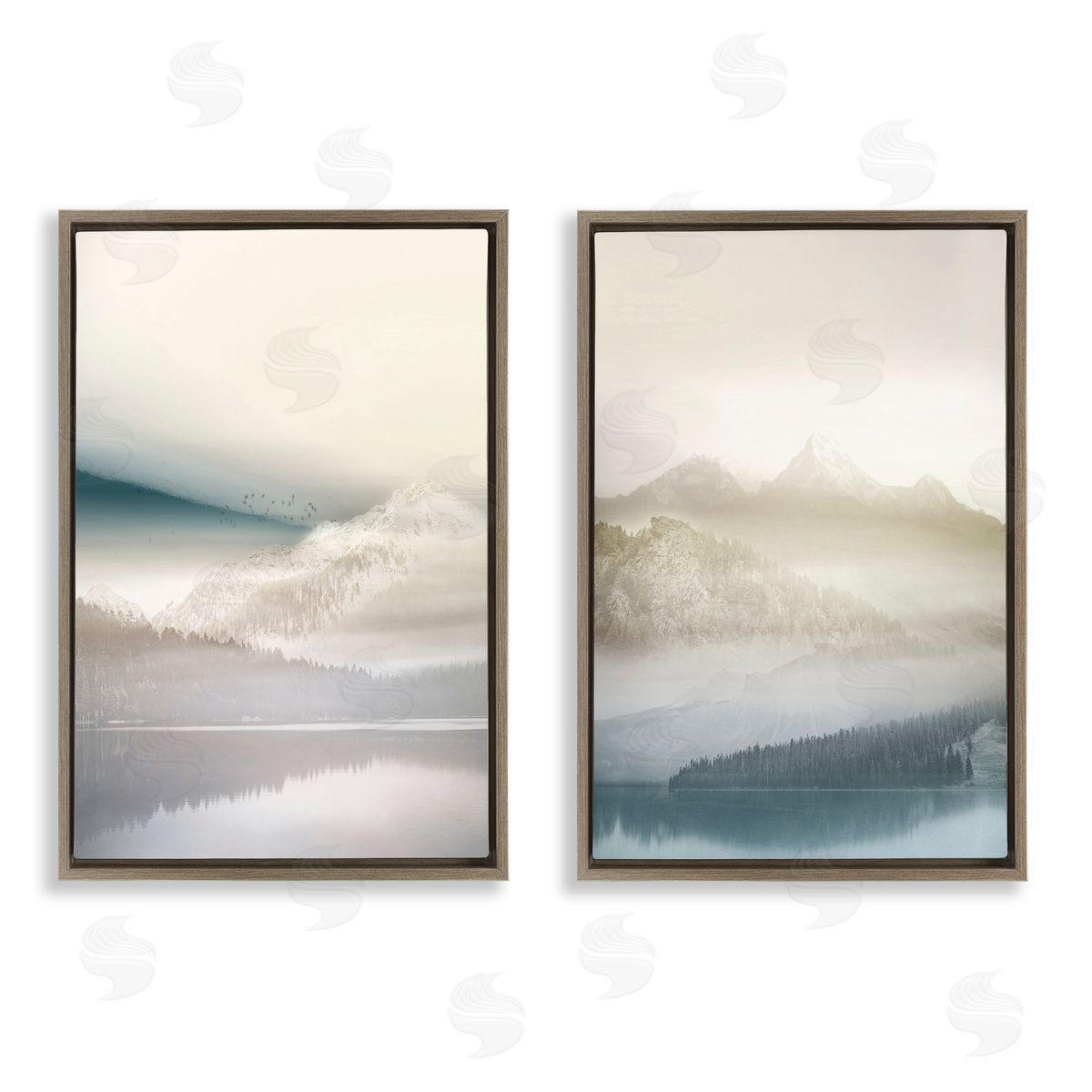 Mountain Peaks & Neutral Lake Brown Floating Frame Canvas Wall Art, Home Decor by Gemma Bardot