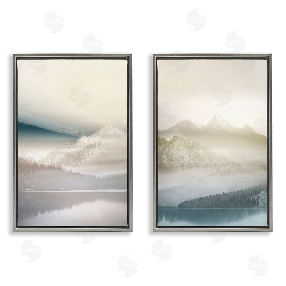 Mountain Peaks & Neutral Lake Grey Floating Frame Canvas Wall Art, Home Decor by Gemma Bardot