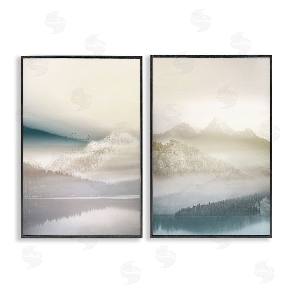 Mountain Peaks & Neutral Lake Black Frame Print Wall Art, Home Decor by Gemma Bardot
