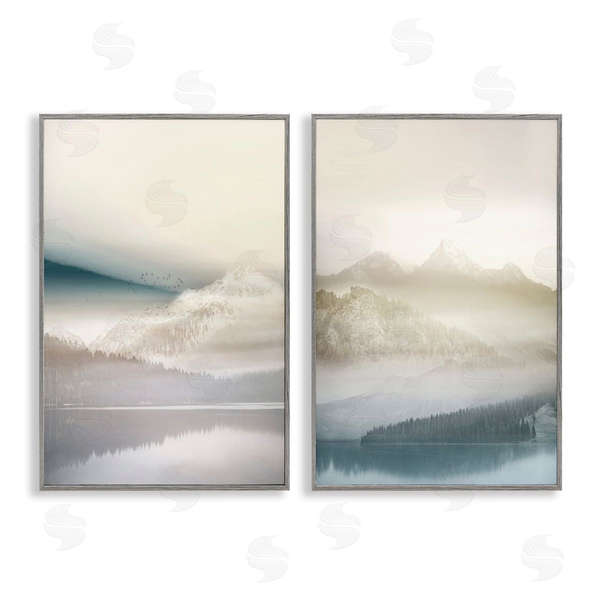 Mountain Peaks & Neutral Lake Grey Frame Print Wall Art, Home Decor by Gemma Bardot