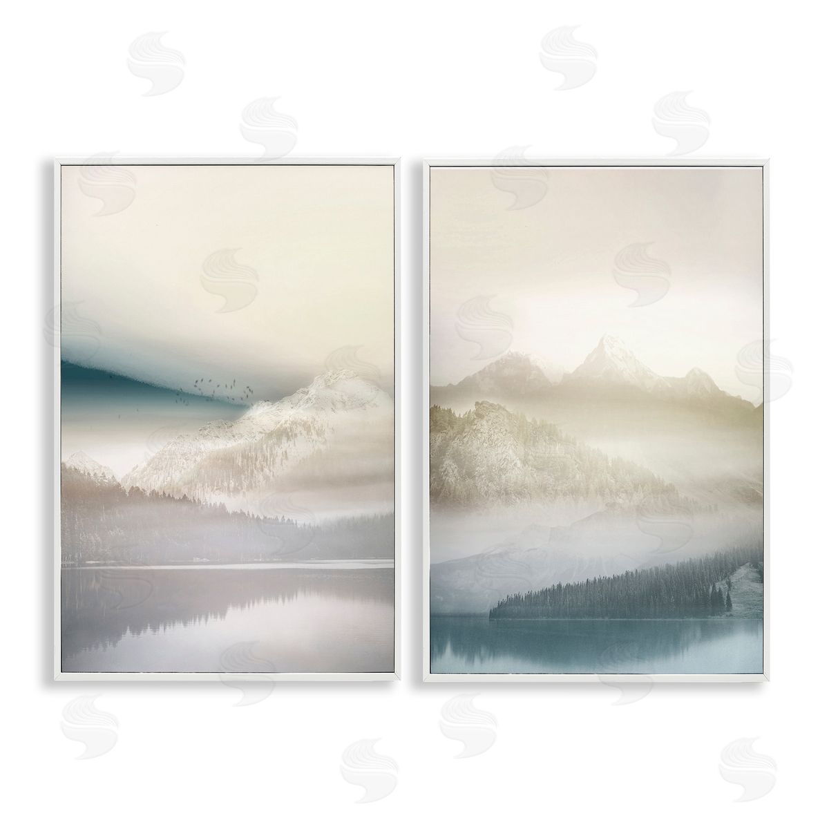 Mountain Peaks & Neutral Lake White Frame Print Wall Art, Home Decor by Gemma Bardot