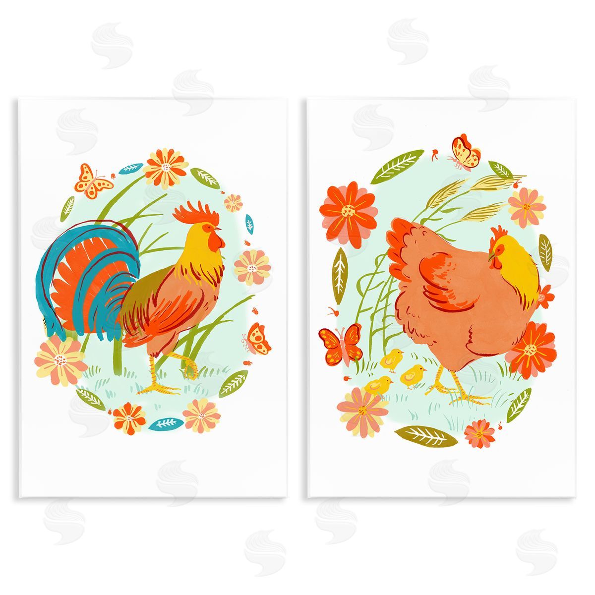 Rooster & Hen with Florals Wood Plaque Wall Art, Home Decor by Hannah Moren