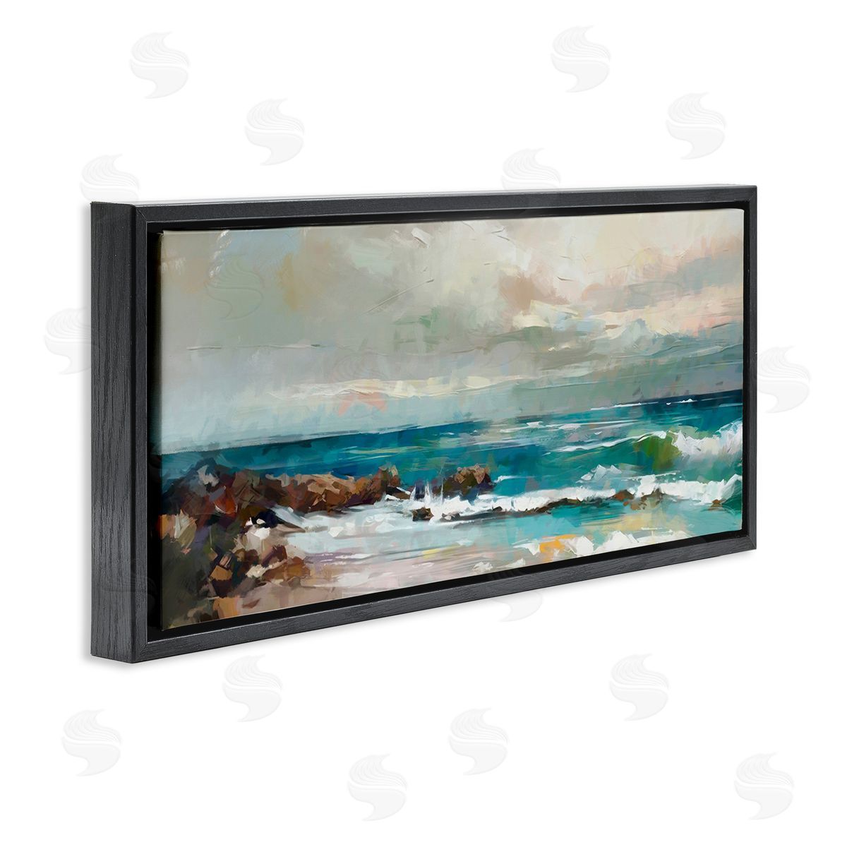 Rocky Ocean Waves Black Floating Frame Canvas Wall Art, Home Decor by Ziwei Li