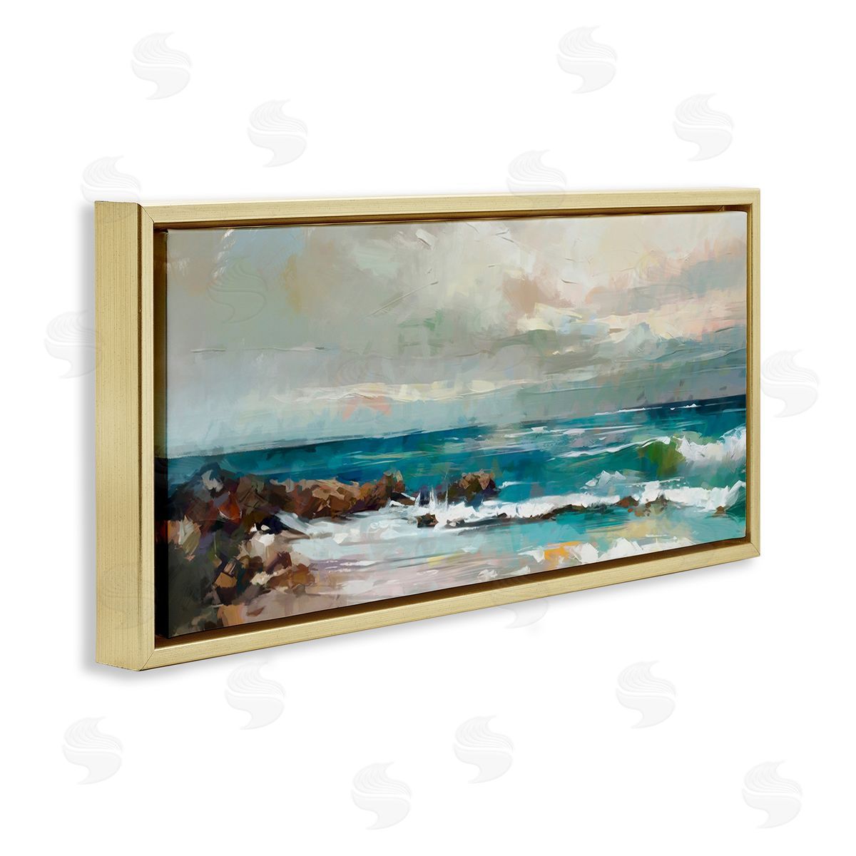 Rocky Ocean Waves Gold Floating Frame Canvas Wall Art, Home Decor by Ziwei Li