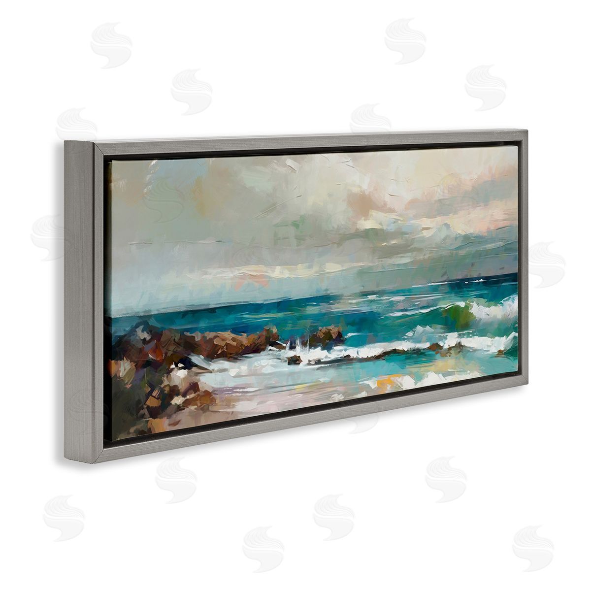 Rocky Ocean Waves Grey Floating Frame Canvas Wall Art, Home Decor by Ziwei Li