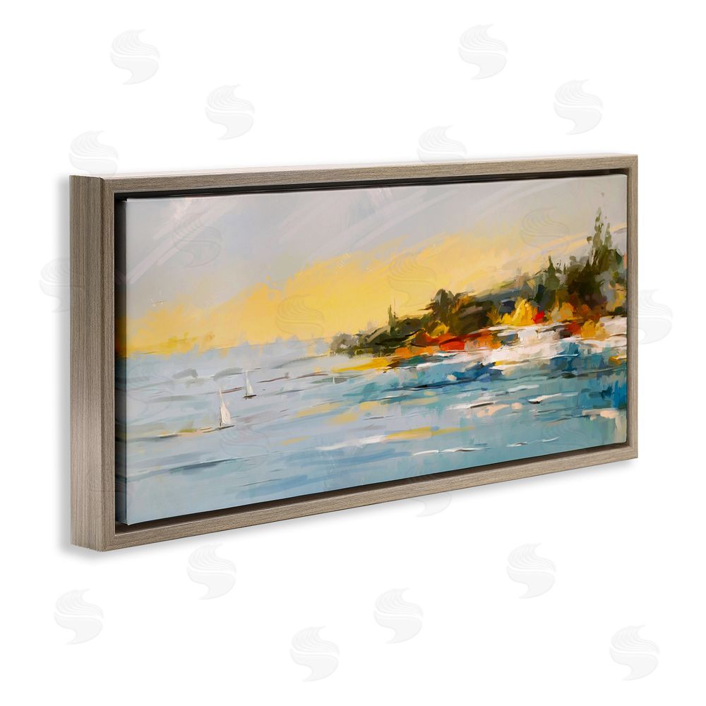 Ziwei Li Boats Ocean Scenery Brown Floating Frame Canvas Wall Art Print