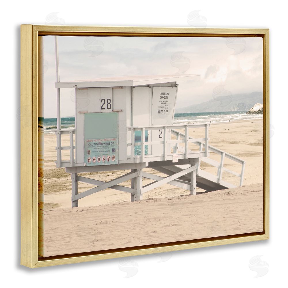 Marcus Prime Lifeguard Hut on Beach Gold Floating Frame Canvas Wall Art Print