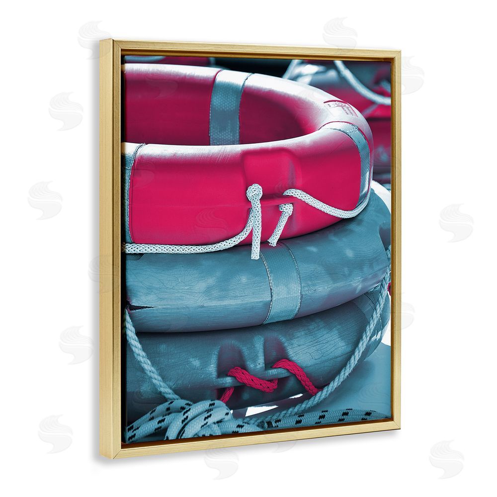 Stupell Studio Nautical Life Buoys Gold Floating Frame Canvas Wall Art Print