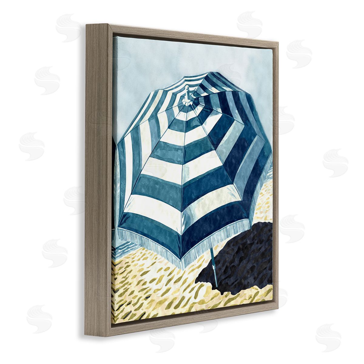 Striped Beach Umbrella Brown Floating Frame Canvas Wall Art, Home Decor by Ziwei Li