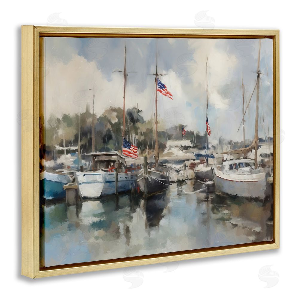 Ziwei Li Boats with American Flags Gold Floating Frame Canvas Wall Art Print